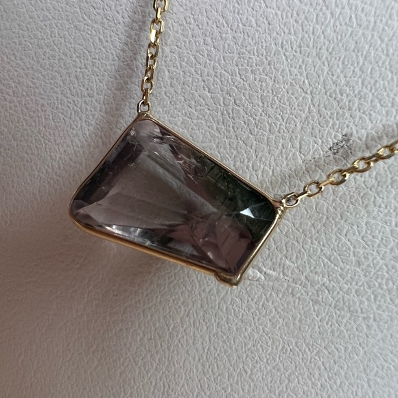 Amazing Purple Green Tourmaline With A Diamond In Solid 14k Yellow Gold 18" - Picture 9 of 9